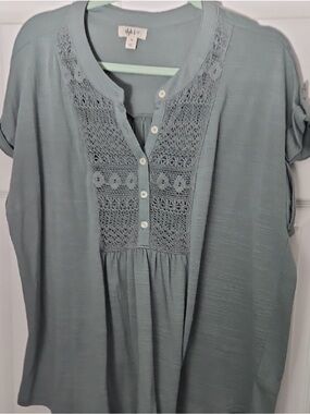 Style & Co.  Sage Green Crochet-Trim Henley top with button tab sleeves. 2x